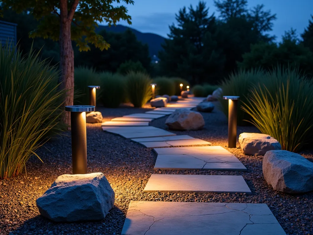 Modern Steel Bollard Path Lighting - A twilight photograph of a winding rock garden path illuminated by sleek, matte black steel bollard lights, 3 feet tall, casting focused downlight pools on smooth river rocks and angular slate stepping stones. Modern architectural plants like black bamboo and ornamental grasses create dramatic shadows in the warm lighting. The path curves through a contemporary minimalist garden space with crushed granite and carefully placed boulder formations. Shot with a wide-angle lens at golden hour, with the sky displaying deep blue tones and the bollard lights creating an intimate atmosphere. The composition leads the eye through the scene with the lighting pattern, while maintaining sharp detail in both the illuminated areas and garden elements. Photographic style: architectural, moody, contemporary.