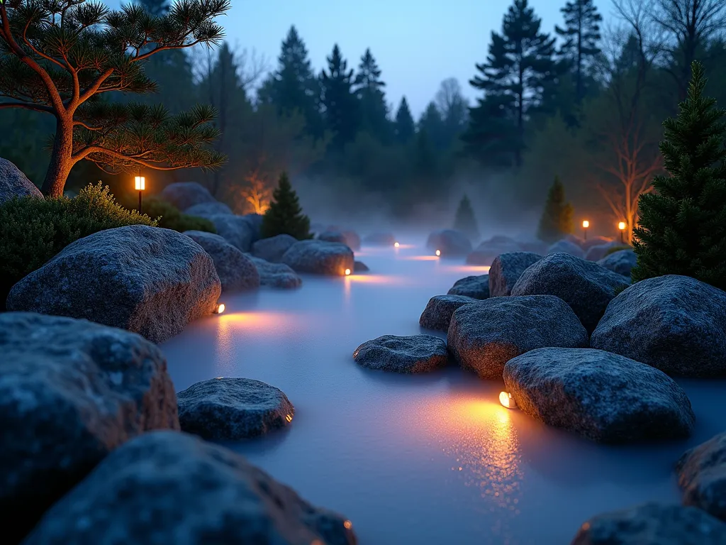 Mystical Rock Garden Fog Illumination - A stunning dusk scene of a Japanese-inspired rock garden where ethereal ground fog weaves between carefully placed granite boulders and river rocks. Low-profile LED lights are strategically positioned to illuminate the fog from beneath, creating a dreamlike atmosphere. The fog gently swirls around ornamental grasses and small evergreen shrubs, while moonlight casts subtle shadows. The wide-angle composition captures the entire mystical scene, with the fog appearing like a luminous river flowing through the rocks. Fine water droplets catch the light, creating a magical sparkle effect throughout the misty landscape. The lighting creates a warm amber glow that contrasts beautifully with the cool blue twilight sky.