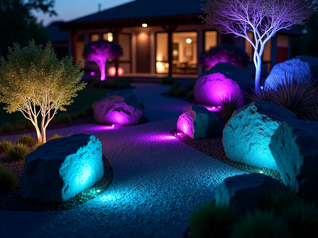 Smart RGB Rock Garden at Dusk - A dramatic dusk photograph of a modern rock garden illuminated by smart RGB floodlights, captured with a wide-angle 16-35mm lens at f/2.8, ISO 400. Multiple LED floodlights cast vibrant gradients of purple, blue, and teal light across natural stone formations and boulders. Japanese maple and ornamental grasses cast intricate shadows against the illuminated rocks. The scene shows a smartphone controlling the light display in the foreground, while the background reveals a contemporary home façade. The lighting creates a mystical atmosphere with precise light placement highlighting rock textures and garden features. Shot from a low angle to emphasize the dramatic lighting effects.