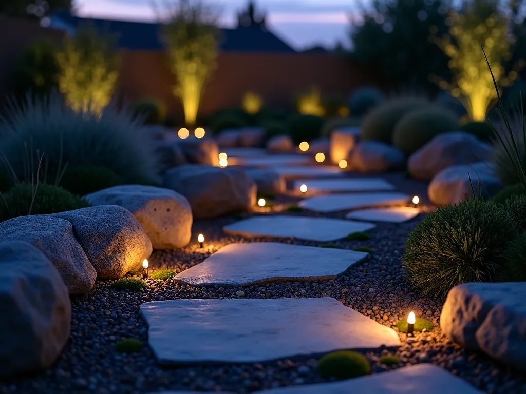 Dusk-Lit Solar Rock Garden Path - A serene twilight scene of a winding garden path lined with natural stone boulders, featuring artfully placed solar-powered rock lights that emit a warm, gentle glow. The path meanders through a thoughtfully landscaped garden with ornamental grasses and low-growing succulents. The solar rock lights, virtually indistinguishable from natural stones during daylight, create pools of soft illumination that highlight the texture of surrounding rocks and cast subtle shadows on nearby foliage. Shot from a low angle perspective with the deep purple-blue dusk sky visible in the background, capturing the magical transition moment when the solar lights begin to illuminate. The natural stone pathway is composed of slate and granite stepping stones, while moss grows between the cracks, adding to the organic feel.