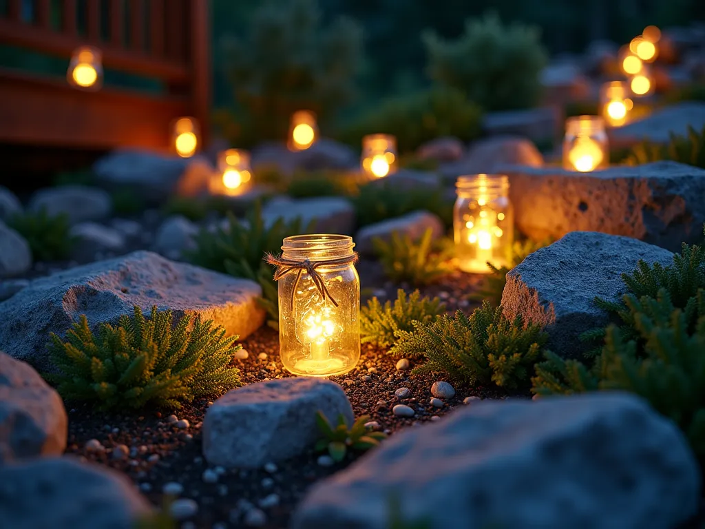 Twilight Mason Jar Rock Garden - A intimate dusk photograph of a beautifully landscaped rock garden featuring artfully arranged glowing mason jar lights. The mason jars, filled with warm solar-powered LED lights, are nestled between weathered river rocks and small boulders, creating pools of golden light. Low-growing sedum and creeping thyme spill over the rocks, their textures highlighted by the soft illumination. The composition is captured from a low angle with a shallow depth of field, emphasizing the magical interplay of light and shadow. The background shows a rustic wooden deck fading into bokeh, while the foreground highlights the handcrafted nature of the mason jar arrangements, some wrapped with twine for added rustic charm. Shot at blue hour with a dreamy, ethereal quality, ISO 400, f/2.8, at 24mm.