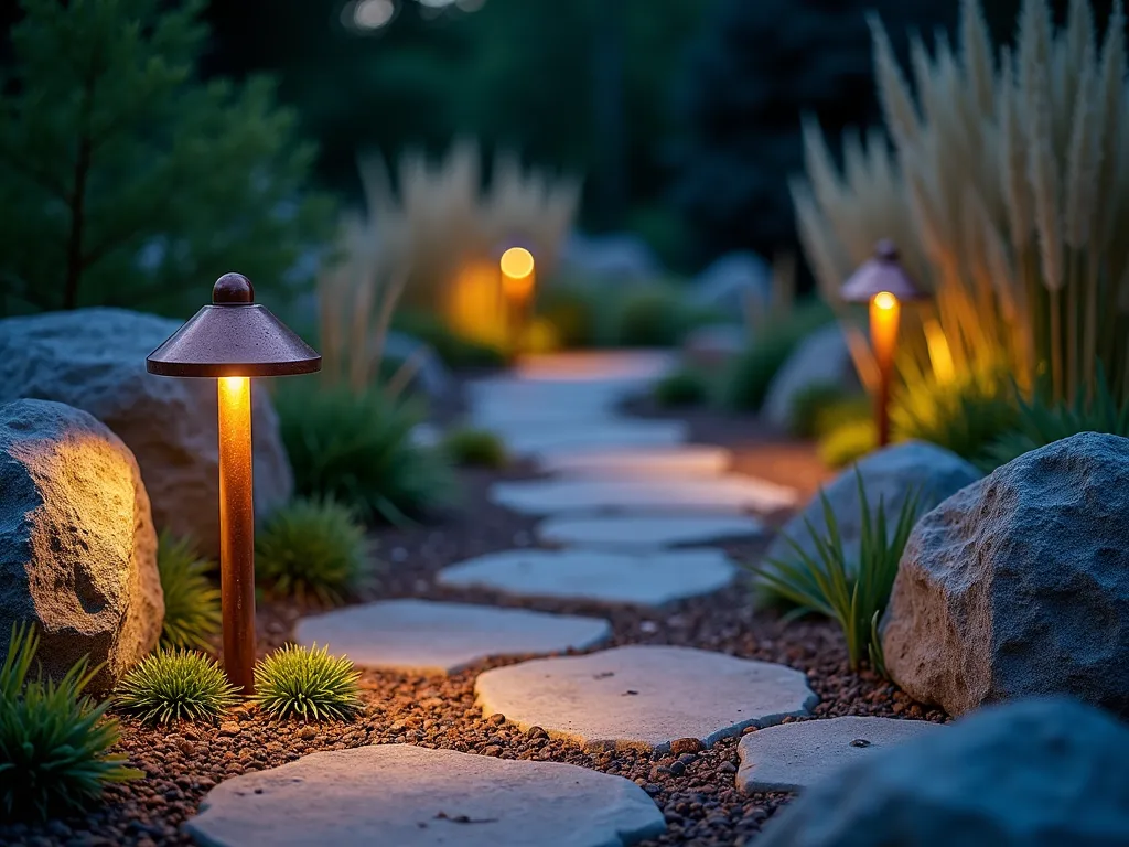 Weathered Copper Path Lights in Rock Garden - A twilight photograph of an elegant rock garden path illuminated by weathered copper path lights, captured with a wide-angle 16-35mm lens at f/2.8. The artistically arranged copper fixtures, showing a natural blue-green patina, cast warm pools of light along a winding stone pathway. Large and small boulders are strategically placed among low-growing sedum and creeping thyme, creating dramatic shadows in the fading light. The copper fixtures stand approximately 24 inches tall, their antique finish complementing the natural stone elements. Soft bokeh effect in the background reveals silhouettes of ornamental grasses swaying in the evening breeze. The scene is composed to showcase both the functional and aesthetic aspects of the lighting design, with the copper fixtures appearing to emerge organically from the rocky landscape.