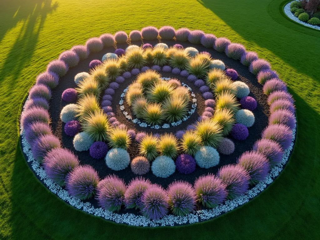 Aerial Round Garden Pattern Masterpiece - Stunning aerial view of a circular garden bed design featuring concentric rings of contrasting plants, shot during golden hour. The round garden showcases purple lavender, silver artemisia, and golden Japanese forest grass in sweeping curves, creating a mesmerizing spiral pattern. Dark mulch pathways wind between plantings, while ornamental grasses catch the late afternoon light, casting gentle shadows. The geometric precision of the design is accentuated by a border of white alyssum, with the entire circular garden bed surrounded by manicured lawn. Captured with a bird's eye perspective that highlights the intricate pattern work and color transitions.