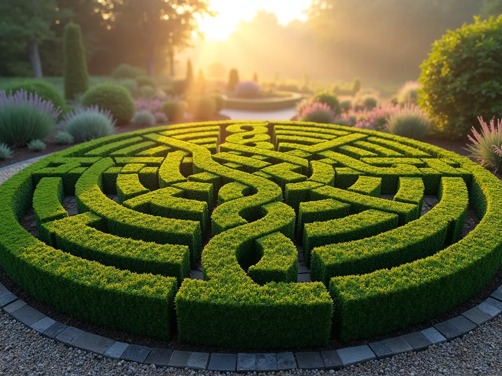 Celtic Knot Garden Bed at Dawn - A stunning circular Celtic knot garden photographed at dawn with golden sunlight filtering through morning mist. The intricate pattern is created with perfectly trimmed boxwood hedges forming traditional Celtic knot designs within a 12-foot round bed. The geometric pattern features interweaving lines of deep green boxwood contrasting against light gravel paths. Purple and silver-leaved herbs like lavender and sage fill the spaces between the knots. A natural stone border encircles the entire garden bed. Shot from a 45-degree elevated angle to showcase the complete symmetrical design, with soft bokeh effect in the background showing a misty garden landscape. The morning dew glistens on the precisely manicured foliage, highlighting the mathematical precision of the Celtic patterns. DSLR camera, wide-angle lens, f/8, ISO 100, 1/125 sec, natural dawn lighting.