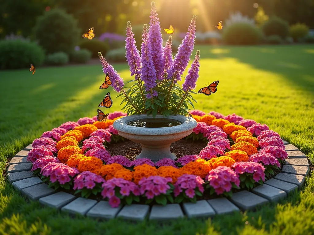 Circular Butterfly Garden Haven - A stunning circular garden bed photographed during golden hour, featuring concentric rings of colorful butterfly-attracting flowers arranged in a wheel pattern. The garden showcases vibrant purple butterfly bush as the tallest centerpiece, surrounded by rings of orange lantana and pink zinnias in full bloom. A small, natural stone bird bath sits at the center, catching the warm sunlight. Several monarch and swallowtail butterflies hover over the flowers, their wings catching the late afternoon sun. The garden bed is perfectly manicured with a natural stone border, set against a backdrop of lush green lawn. Shot from a 45-degree elevated angle to capture the wheel pattern design, with selective focus highlighting the intricate garden layout. The composition creates a sense of harmony and movement, with the circular design drawing the eye inward.