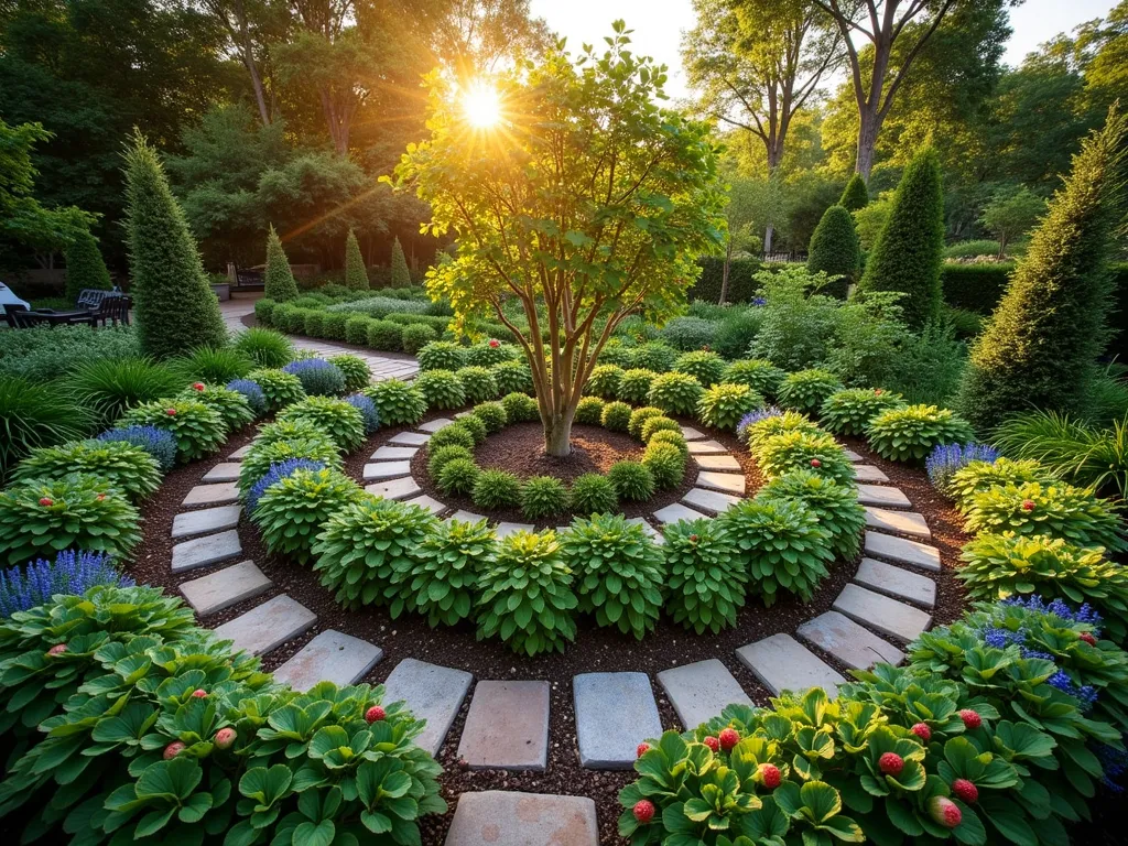 Circular Edible Forest Garden - A wide-angle, golden hour photograph of a perfectly circular edible forest garden in a residential backyard. At the center, a dwarf apple tree stands as the focal point, surrounded by concentric rings of food-producing plants. The inner ring features blueberry and raspberry bushes, while the middle ring showcases aromatic herbs like rosemary, sage, and thyme. The outer ring contains strawberry plants as ground cover. Natural stone pathways spiral through the garden, allowing access to all layers. Dappled sunlight filters through the tree canopy, creating a magical atmosphere, with some herbs and flowers in bloom. The garden's thoughtful layered design demonstrates permaculture principles while maintaining aesthetic beauty.