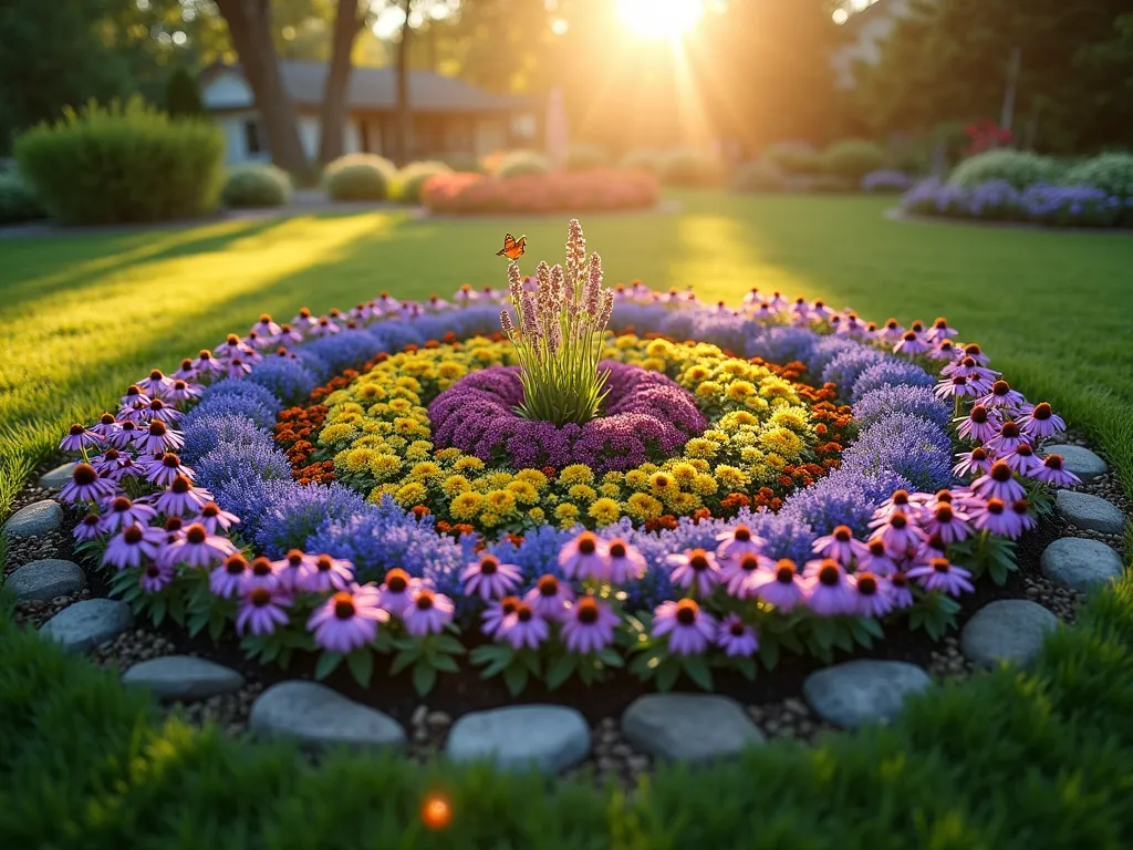 Circular Pollinator Haven at Dawn - A stunning wide-angle photograph of a perfectly circular garden bed at dawn, with golden morning light filtering through. The garden features concentric rings of native flowering plants arranged in a mesmerizing spiral pattern. The innermost circle showcases tall purple coneflowers and black-eyed susans, surrounded by rings of butterfly weed, bee balm, and lavender. The outer circle contains shorter native wildflowers in blues and purples. Butterflies hover over the blooms while bees collect nectar, captured with shallow depth of field. Morning dew glistens on the petals, and a subtle morning mist adds atmosphere. The circular bed is edged with natural stone and surrounded by lush green lawn, photographed from a slightly elevated angle to showcase the perfect symmetry and concentric design. Shot with a 16-35mm lens at f/2.8, ISO 400, capturing the ethereal morning light and creating a dreamy bokeh effect.