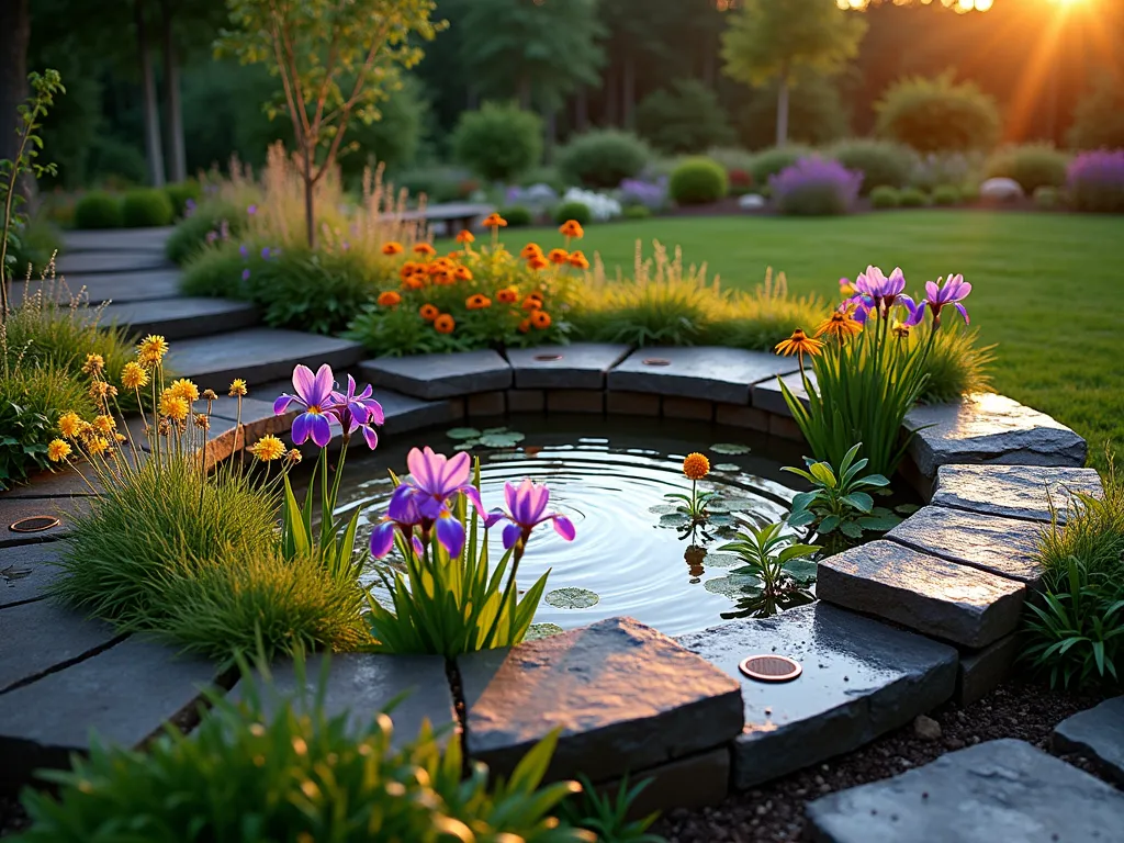 Elegant Circular Rain Garden at Dusk - A stunning circular rain garden photographed at dusk with golden hour lighting, featuring concentric rings of moisture-loving plants. The shallow bowl-shaped depression is artfully terraced with natural stone edges, showcasing purple iris, yellow marsh marigolds, and red cardinal flowers in the center where water collects. Surrounding rings feature joe-pye weed, black-eyed susans, and ornamental grasses that catch the evening light. A curved stone path provides access, while copper solar lights illuminate the garden's edges. Captured in a wide-angle perspective showing the garden's integration into a larger landscape, with soft shadows and glowing warm light highlighting the garden's flowing design. Dewdrops sparkle on the foliage, suggesting recent rainfall.