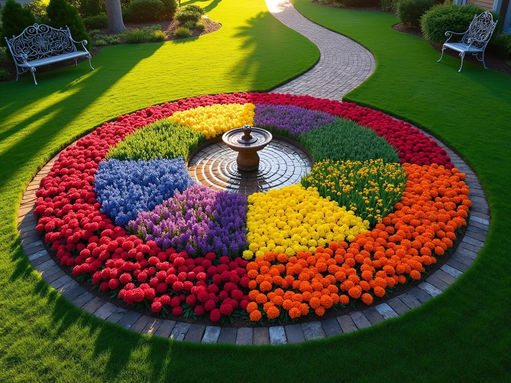 Circular Rainbow Garden Color Wheel - A stunning aerial view of a perfectly circular garden bed, 12 feet in diameter, meticulously divided into color-wheel segments. Each section bursts with flowers following the rainbow progression: red zinnias and tulips blend into orange marigolds, transitioning to yellow daffodils, then green ornamental grasses, blue delphiniums, and purple lavender. The garden is set in a manicured lawn with a crushed stone path spiraling through the segments. Morning dew glistens on the petals as golden hour sunlight casts long shadows across the landscape, photographed from a 45-degree angle to showcase the color wheel pattern. A decorative wrought iron bench sits at the edge, providing scale and viewing perspective. The edges are cleanly defined with natural stone borders, and a small central fountain creates a focal point.