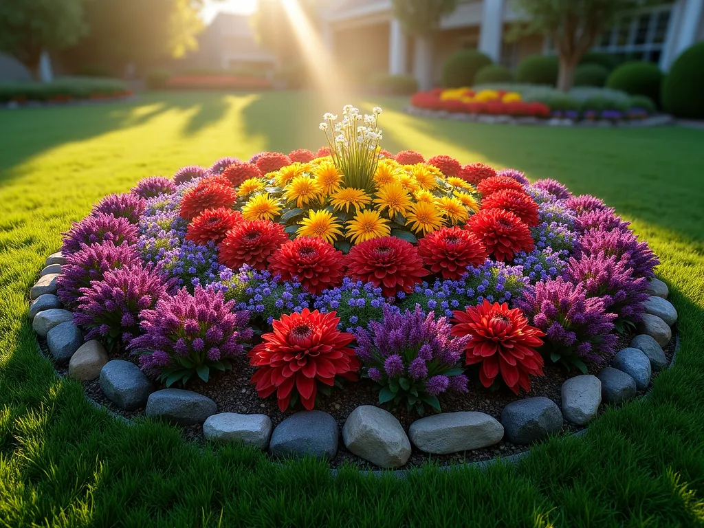 Circular Sunrise Garden Bed at Dawn - A stunning circular garden bed photographed at dawn, with a wide-angle perspective capturing the morning light. The bed features a dramatic color gradient designed like a sunrise, with deep purple salvias and irises at the outer edge, transitioning through vibrant red zinnias and dahlias in the middle, to golden marigolds and black-eyed susans at the center. Soft morning mist hovers above the flowers, while dewdrops glisten on the petals. The round bed is edged with natural stone and surrounded by manicured lawn, creating a striking focal point in a residential backyard. Low-angle lighting casts long shadows across the garden, emphasizing the dramatic color progression and architectural form of the plants.