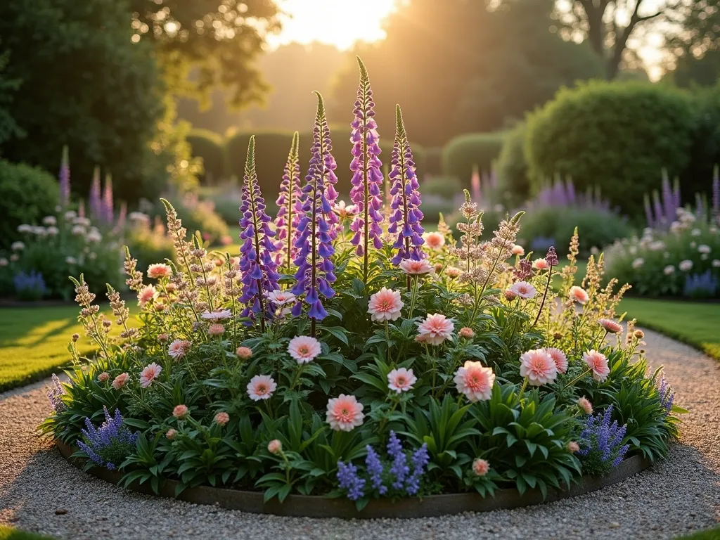 Enchanted Cottage Circle Garden at Dawn - A circular cottage garden bed photographed at dawn with golden morning light filtering through. The perfectly round bed features layers of romantic, overflowing plantings with tall purple delphiniums and pink foxgloves creating dramatic height at the center. Climbing roses in soft peach and blush tones cascade over an aged wrought iron obelisk. The informal planting style allows flowers to spill naturally onto a curved gravel path that embraces the circle. Captured with a wide-angle perspective showing the garden bed nestled within a larger landscape, with morning dew glistening on the foliage. Shot with shallow depth of field highlighting the dreamy, cottage garden atmosphere. Photography settings: 16-35mm lens at 24mm, f/2.8, ISO 400.