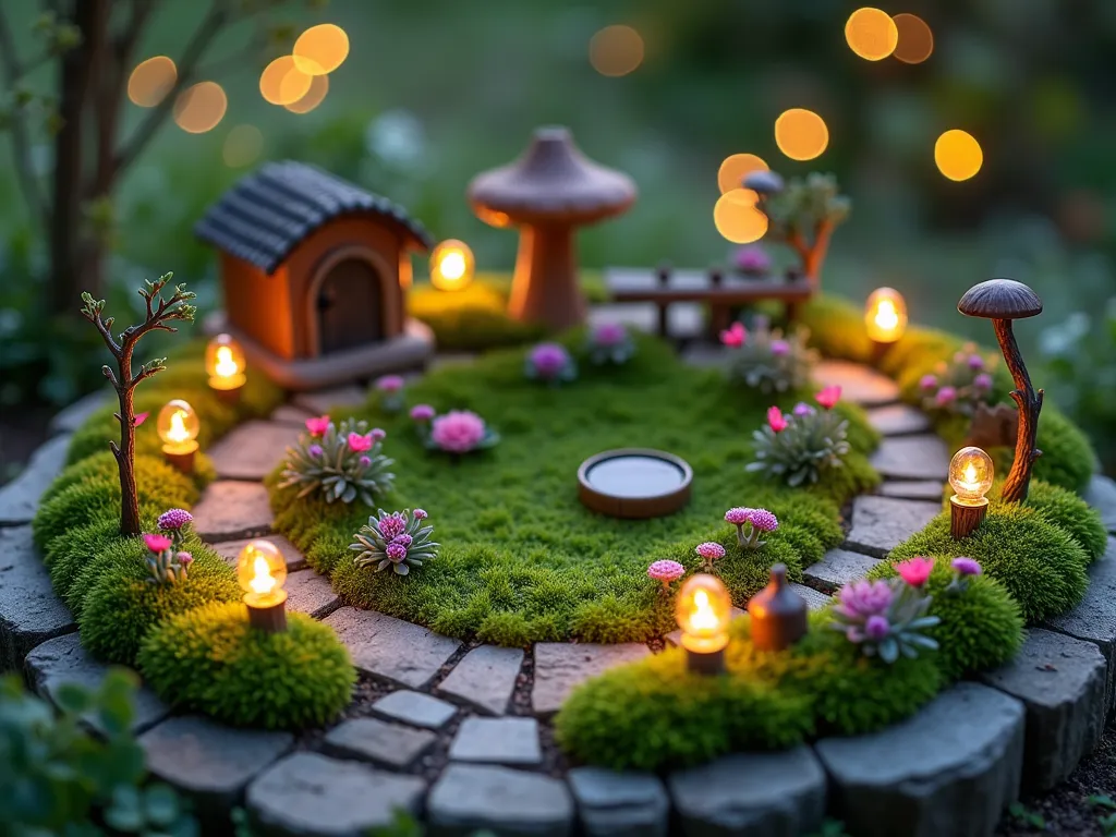 Enchanted Fairy Ring Garden - Close-up, magical twilight scene of a perfectly circular garden bed designed as a fairy ring. The garden features delicate miniature plants including tiny pink and purple flowers, creeping thyme, and patches of emerald moss creating a lush carpet. Weathered stone pathways wind through the circle, dotted with diminutive fairy houses crafted from natural materials. Small glowing solar lanterns illuminate the scene, casting a warm ethereal light. Delicate mushrooms in various sizes emerge from the moss, while miniature garden accessories including tiny benches, bridges, and arbors adorned with climbing miniature roses complete the whimsical scene. The surrounding landscape is softly blurred, creating a dreamy atmosphere with subtle bokeh effects from twinkling garden lights. Photorealistic, magic hour lighting, shallow depth of field.