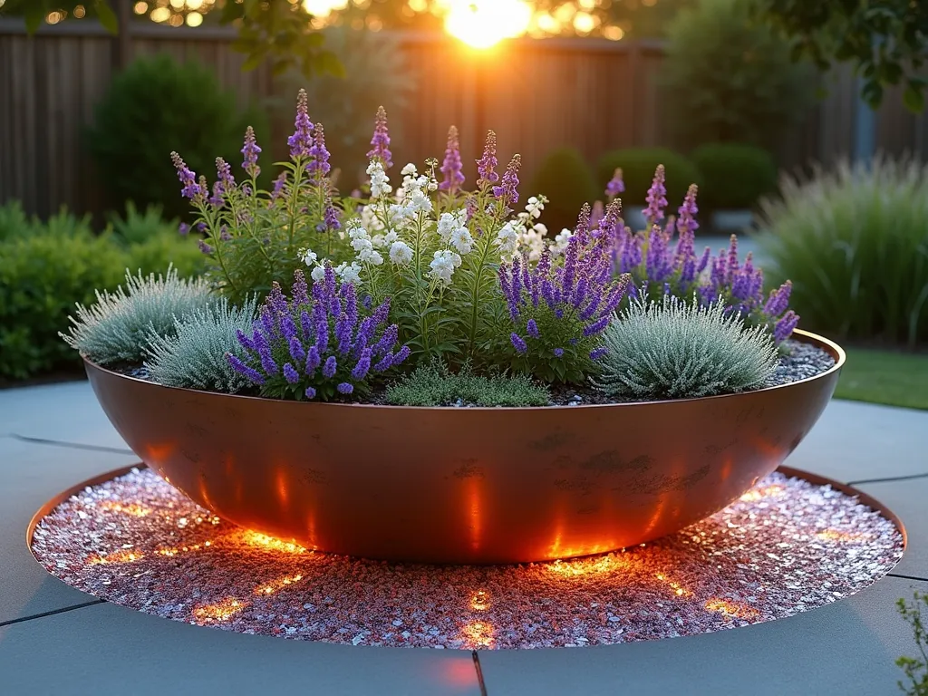 Ethereal Floating Round Garden Bed at Dusk - A stunning circular raised garden bed, 4 feet in diameter, seemingly floating 18 inches above ground, captured during golden hour. The bed features concealed steel supports creating an illusion of levitation, filled with cascading purple verbena, white gaura, and silver artemisia spilling over its weathered copper edges. Surrounded by a pristine circle of iridescent recycled glass mulch that catches the warm evening light, creating a magical glow. Modern landscape lighting hidden beneath casts dramatic shadows, enhancing the floating effect. Shot from a 45-degree angle with a wide-angle lens to capture both the garden bed's floating appearance and its relationship to the surrounding contemporary garden space. DSLR settings: f/8, ISO 100, 1/125 sec, natural golden hour lighting supplemented with subtle landscape illumination.