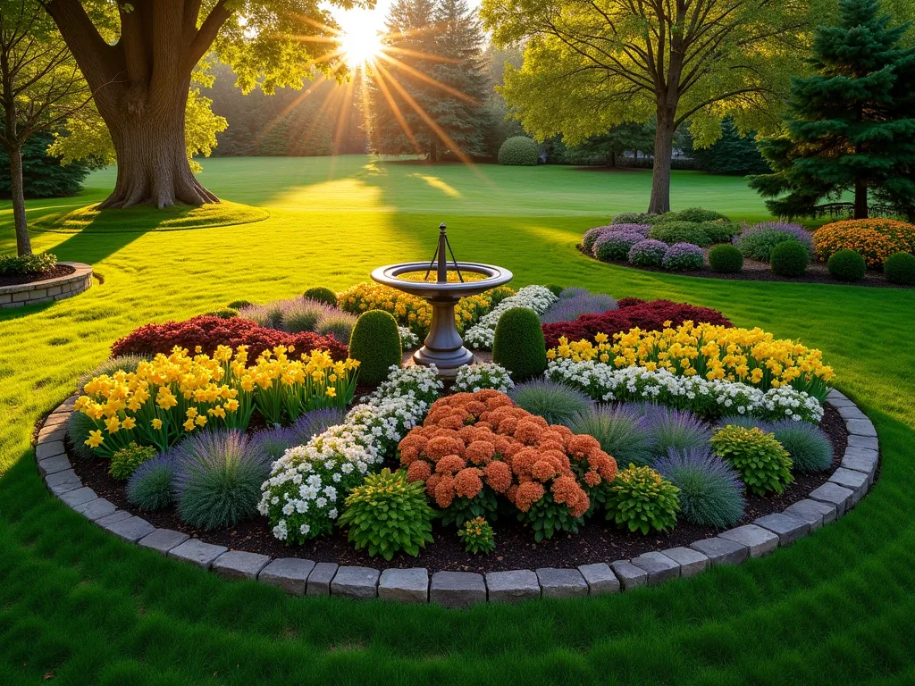 Four Seasons Circular Garden Display - A stunning circular garden bed divided into four equal quarters, photographed from a 45-degree elevated angle during golden hour. Each quarter showcases peak blooms from different seasons: spring tulips and daffodils bursting with yellows and pinks, summer lavender and roses in full bloom, autumn chrysanthemums and sedum in rich oranges and burgundy, and winter evergreens with white-berried hellebores. A natural stone border defines the circle's edge, with a decorative sundial as the centerpiece. Soft golden sunlight casts long shadows across the well-maintained lawn surrounding the display, while a mature maple tree provides a gentle backdrop. Shot with shallow depth of field highlighting the intricate plant textures and seasonal transitions. 16-35mm lens at f/2.8, ISO 400.