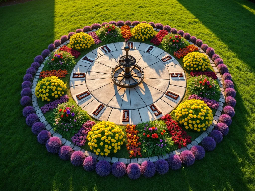 Living Sundial Garden Circle - A stunning aerial view of a circular garden bed designed as a living sundial, photographed during golden hour. The 12-foot diameter garden features concentric rings of flowering plants arranged like clock numbers. Morning glory and gazania blooms open in the outer ring, while evening primrose and moonflowers create the inner circle. A central ornate metal sundial gnomon casts its shadow across beds of purple coneflowers, black-eyed susans, and California poppies. Natural stone pathways divide the garden into twelve sections, with ornamental grasses providing texture between blooming sections. Soft sunlight filters through the scene, highlighting the mathematical precision of the design against a lush green lawn backdrop. Shot with a DSLR camera, f/8 aperture, capturing the intricate details and natural lighting.