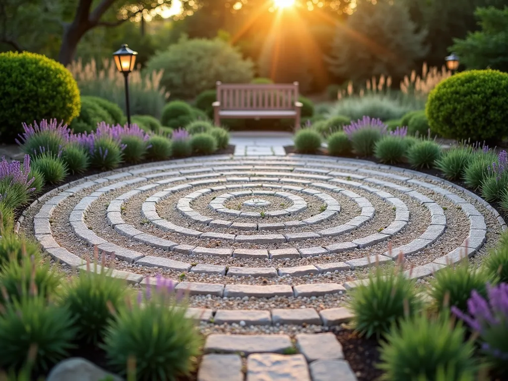 Serene Garden Meditation Labyrinth - A circular garden labyrinth photographed at golden hour, featuring concentric paths defined by neatly trimmed lavender and thyme borders. The intimate walking paths are made of light-colored crushed gravel, creating a mesmerizing spiral pattern. Low-growing sedums and creeping Jenny add splashes of green between the pathways. Soft evening light casts gentle shadows across the meditative space, while ornamental grasses sway gently in the background. The wide-angle shot captures the entire circular design from a slightly elevated perspective, showing how the labyrinth nestles perfectly within a peaceful backyard setting. A wooden meditation bench sits at the periphery, and small solar lanterns mark key points along the path. Shot with atmospheric depth, emphasizing the contemplative nature of the space, f/2.8 creating a dreamy bokeh effect in the background garden areas.