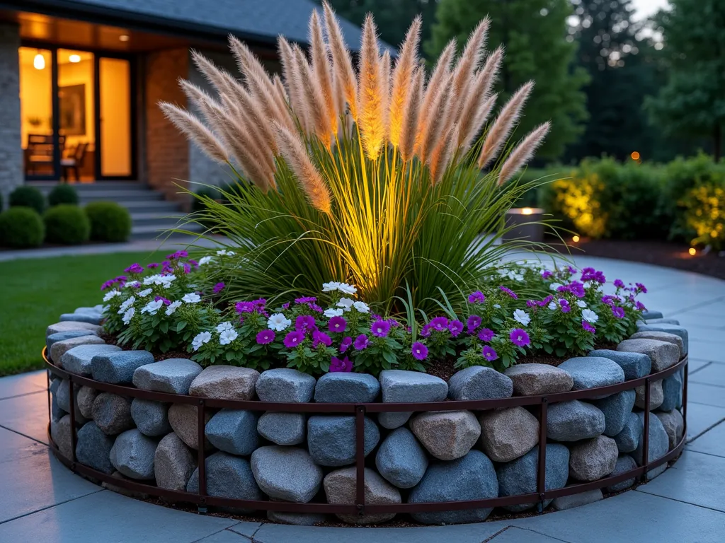 Modern Gabion Circle Garden - A stunning wide-angle dusk shot of a modern circular gabion wall garden bed, 6 feet in diameter, illuminated by warm landscape lighting. The industrial-style metal cage is filled with locally sourced gray and rust-colored stones of varying sizes. The bed features a dramatic centerpiece of tall ornamental grasses surrounded by cascading purple and white flowering plants. Shot from a 45-degree angle to showcase both the height and circular shape, with the metal framework catching golden hour light. The gabion's contemporary geometric pattern contrasts with the soft, flowing movement of Mexican feather grass and trailing Purple Wave petunias. Shallow depth of field emphasizes the textural interplay between the rigid metal structure and organic plant forms. Modern home facade visible softly in the background.