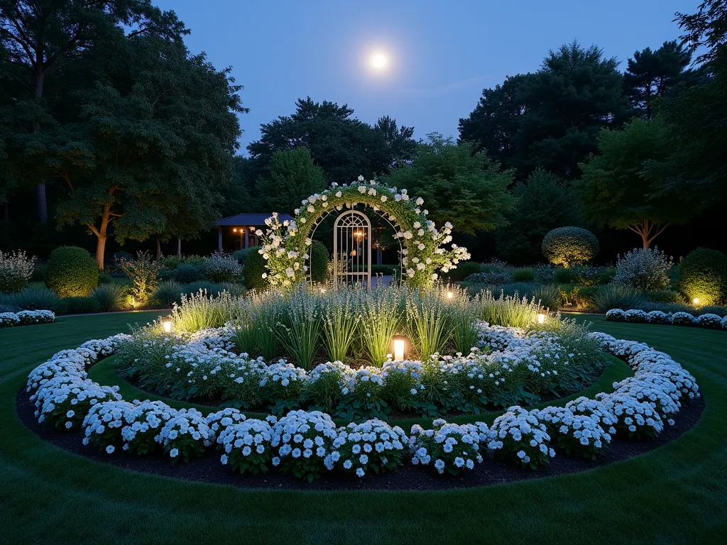 Enchanted Moon Garden Circle at Dusk - A professionally photographed circular garden bed at twilight, illuminated by subtle moonlight and garden lighting. The round bed features concentric circles of ethereal white flowers and silver foliage that seem to glow in the ethereal light. Tall, white moonflowers climb elegant trellises at the center, surrounded by rings of silvery artemisia, white evening primrose, and dusty miller. The garden's edges are lined with luminous white petunias and silver-leaved lamb's ear. Soft path lights create dramatic shadows, while the full moon above casts a magical glow across the peaceful garden scene. Shot with a wide-angle lens to capture the entire circular design while maintaining intimate detail of the glowing blooms. The composition includes a subtle garden path leading to the circular bed, creating depth and drawing the viewer into the scene. Photographed with a DSLR camera at f/8, ISO 100, capturing the delicate interplay of natural moonlight and subtle landscape lighting.