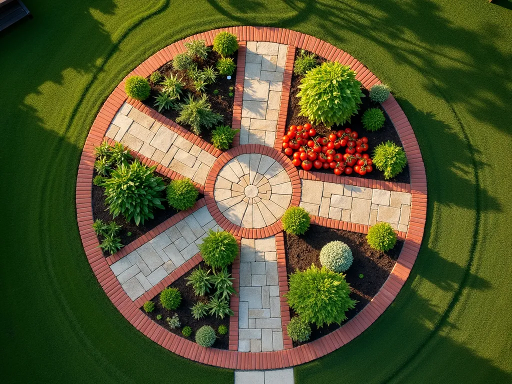 Pizza Herb Garden Circle - Aerial view of a meticulously designed circular garden divided into eight wedges like a pizza, photographed during golden hour. Each triangular section contains different pizza ingredients: lush basil plants, flowering oregano, robust tomato plants with red fruits, and aromatic thyme. Natural stone pavers create walking paths between sections, radiating from a central circular stepping stone like pizza slices. The garden is edged with weathered terracotta bricks, complementing the herbs and vegetables. Small wooden plant markers identify each section, while a rustic wooden bench sits nearby. The garden is set against a manicured lawn, with dappled sunlight creating interesting shadows across the circular design.