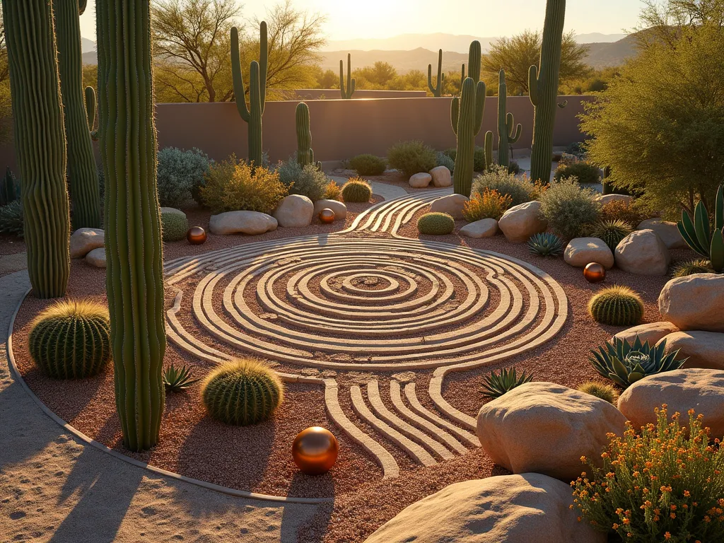 Spiral Desert Garden Oasis - A stunning circular garden bed photographed during golden hour, featuring a mesmerizing spiral pattern of desert plants. The design showcases various heights of cacti and succulents, from tall Saguaro and barrel cacti to low-growing agaves and echeverias. The spiral pattern is defined by smooth river rocks in warm tan tones, with crushed desert rose quartz creating pathways between plantings. Golden sunlight casts long shadows across the textured landscape, while decorative copper-colored garden orbs nestle among the plants. The circular bed is photographed from a slightly elevated angle to highlight the mathematical precision of the spiral design. Fine desert sand and scattered desert wildflowers complete the natural oasis feel. Shot with a wide-angle lens to capture the full circular impact, with atmospheric desert haze in the background. Ultra-realistic, professional landscape photography, shot at f/2.8 with beautiful bokeh effect.