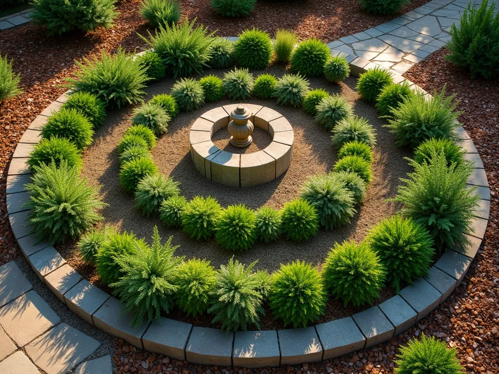 Spiral Herb Garden at Sunset - A stunning aerial view of a meticulously designed concentric circle herb garden at golden hour. The circular beds spiral outward from an ornate stone centerpiece, creating perfect rings of varying herbs. Taller herbs like rosemary and sage occupy the outer rings, while shorter varieties like thyme and oregano grace the inner circles. The garden's raised stone borders create definition between rings, with rustic gravel pathways allowing easy access. Soft sunset lighting casts long shadows across the garden, highlighting the textures and heights of the different herbs. The surrounding landscape features natural wood mulch, with the spiral herb garden serving as a mesmerizing focal point in a larger backyard setting.