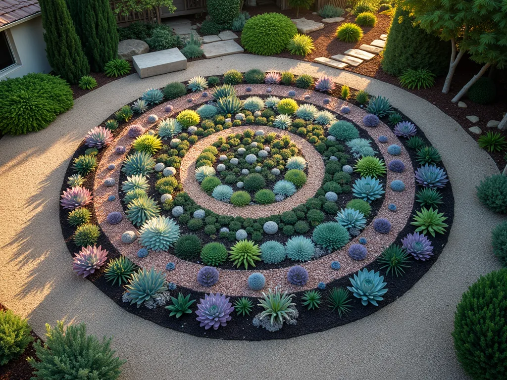 Spiral Succulent Garden Mandala - An overhead drone shot of a mesmerizing circular garden bed featuring a spiral pattern of succulents at golden hour. The spiral radiates outward from the center, showcasing a gradient of colors from deep purples and blues of Echeveria 'Black Prince' to soft greens of Sedum morganianum and silver-blue Senecio serpens. The intricate design creates a living mandala pattern in a modern backyard setting, with desert pebbles and crushed granite defining the pathways between succulent sections. The low-angle sunlight casts gentle shadows that highlight the architectural forms of the plants, while a subtle mist adds an ethereal quality. The circular bed is bordered by smooth river rocks and surrounded by decomposed granite pathways. Shot with a 16-35mm lens at f/2.8, ISO 400, capturing the rich textures and subtle color variations of each succulent variety in stunning detail.