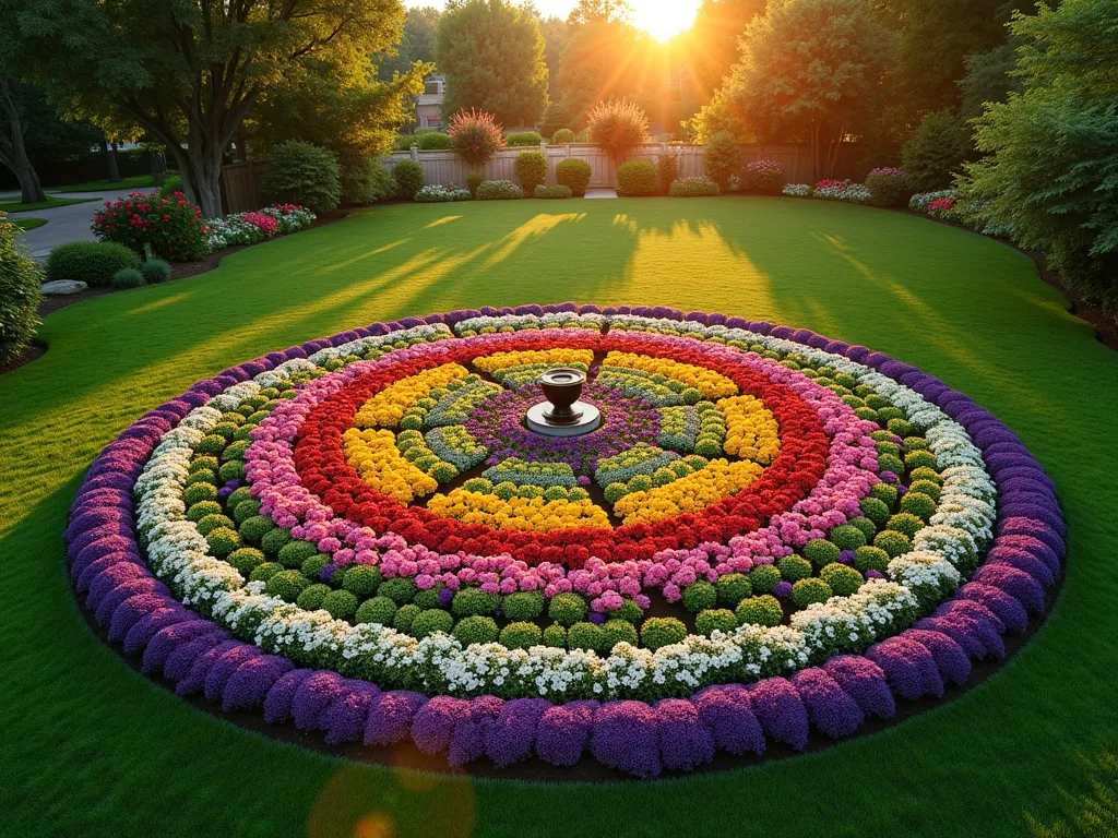 Spiritual Mandala Garden Design - Aerial view of a stunning circular mandala flower bed in a serene backyard garden during golden hour sunset. The meticulously designed round garden features concentric circles divided into eight symmetrical sections. Each section blooms with vibrant flowers in a gradient pattern - purple salvias, pink zinnias, yellow marigolds, and white petunias creating an intricate living mandala pattern. Natural stone pathways separate the sections, with a small meditation fountain at the center. Surrounding lush green lawn provides perfect contrast, while mature trees cast gentle shadows across the magical garden artwork. Photo-realistic, high detail, soft natural lighting.