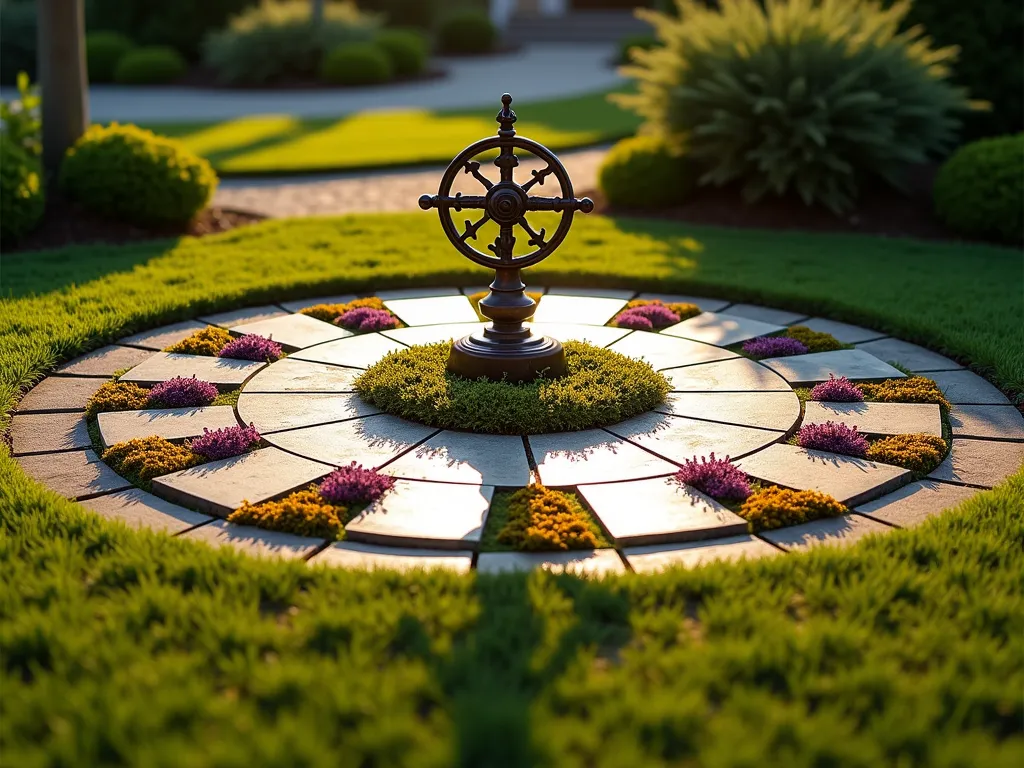 Sundial Garden with Circular Herb Design - A circular garden bed designed as a functional sundial, photographed at golden hour with soft, warm sunlight casting long shadows. The garden features twelve sections radiating from a central ornate bronze gnomon. Each hour section is planted with alternating groups of purple thyme and golden creeping sedum, creating a mesmerizing pattern. The central gnomon stands 3 feet tall, its shadow falling precisely on the herb segments marking time. The garden is set within a manicured lawn, with a natural stone pathway circling the perimeter. Shot from a 45-degree elevated angle to showcase the mathematical precision of the design, with selective focus highlighting the interplay of shadows and textures. The surrounding landscape features soft, blurred evergreen shrubs, creating depth and context. 16-35mm lens at f/2.8, ISO 400, capturing the intricate details of the herbs while maintaining the overall composition.