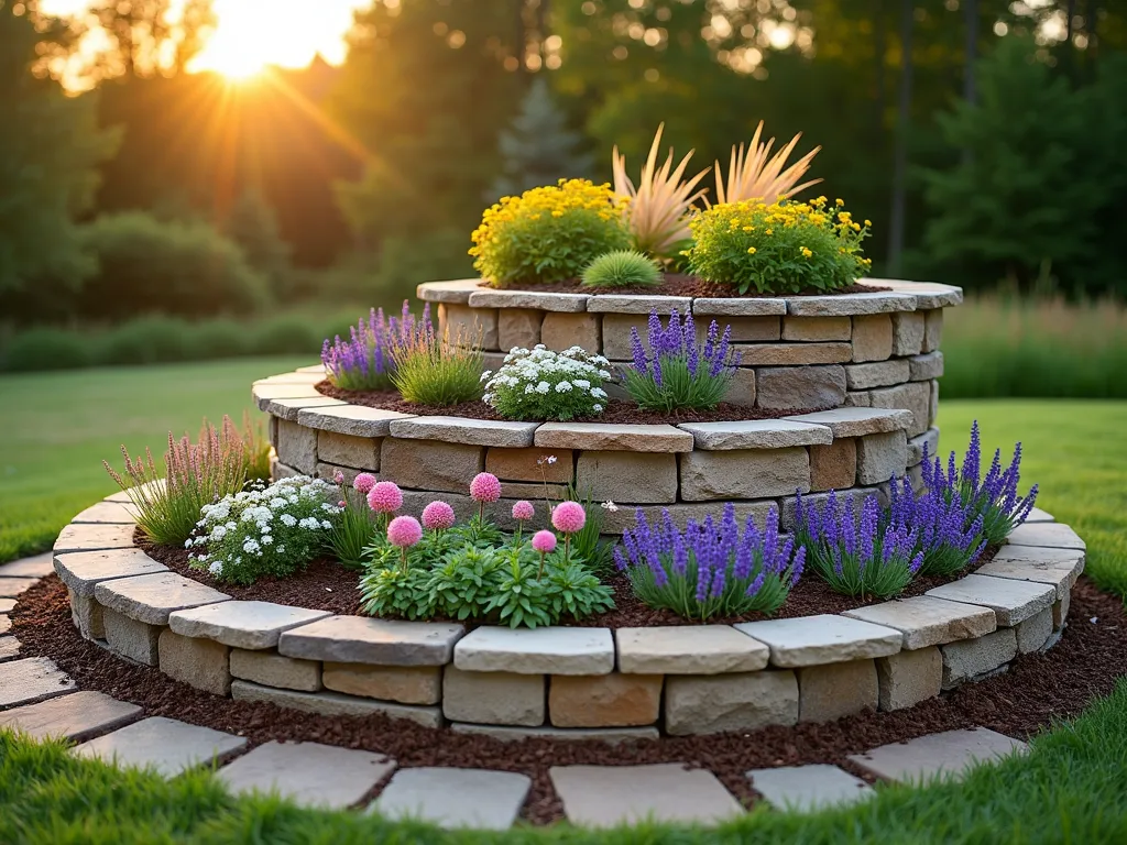 Elegant Tiered Circular Garden at Sunset - A professionally photographed, three-tiered circular garden bed captured during golden hour, shot with a wide-angle lens at f/8. The stepped design features natural stone retaining walls in warm beige tones, creating three distinct levels ascending from 1 to 3 feet in height. The bottom tier showcases vibrant purple salvia and white candytuft, the middle tier displays pink coral bells and lavender, while the top tier features ornamental grasses and yellow coreopsis. Soft sunset lighting casts gentle shadows across the textured stone walls, while mature trees blur naturally in the background. A natural stone pathway curves around the base, adding depth to the composition. The garden bed is perfectly manicured with fresh mulch, creating striking concentric circles that draw the eye upward through the levels.