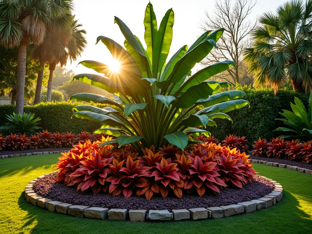 Lush Tropical Round Garden Oasis - A dramatic wide-angle view of a perfectly circular raised garden bed at golden hour, featuring a towering central banana plant with massive emerald leaves catching the warm sunlight. Surrounding it are layers of vibrant red and orange cannas, creating a striking middle layer. The outer ring explodes with variegated crotons in sunset colors and large-leafed caladiums in deep purples and electric pinks. Natural stone edging defines the circular bed, while decorative mulch creates clean pathways around it. Dappled light filters through the foliage, creating an enchanting tropical paradise effect in a residential garden setting. The composition showcases the dramatic height variations and bold textural contrasts of the tropical foliage, with the tallest plants reaching 8-10 feet in the center and gradually descending to 2-3 feet at the edges. Hyperrealistic, professional garden photography, perfect golden hour lighting.