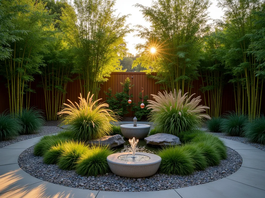 Twilight Sound Garden Circle - A serene circular garden bed at twilight, photographed with a wide-angle lens, featuring tall swaying bamboo and ornamental grasses backlit by warm evening light. The round bed is bordered by natural stone, with artistically placed copper wind chimes hanging from bamboo poles. A small stone fountain creates a central focal point, its water catching the golden hour light. Japanese Forest Grass and Maiden Grass create layers of movement in the gentle breeze. Soft landscape lighting illuminates the base of the plants, creating dramatic shadows as they dance in the wind. Shot at f/2.8 with subtle depth of field, capturing the ethereal quality of the space.