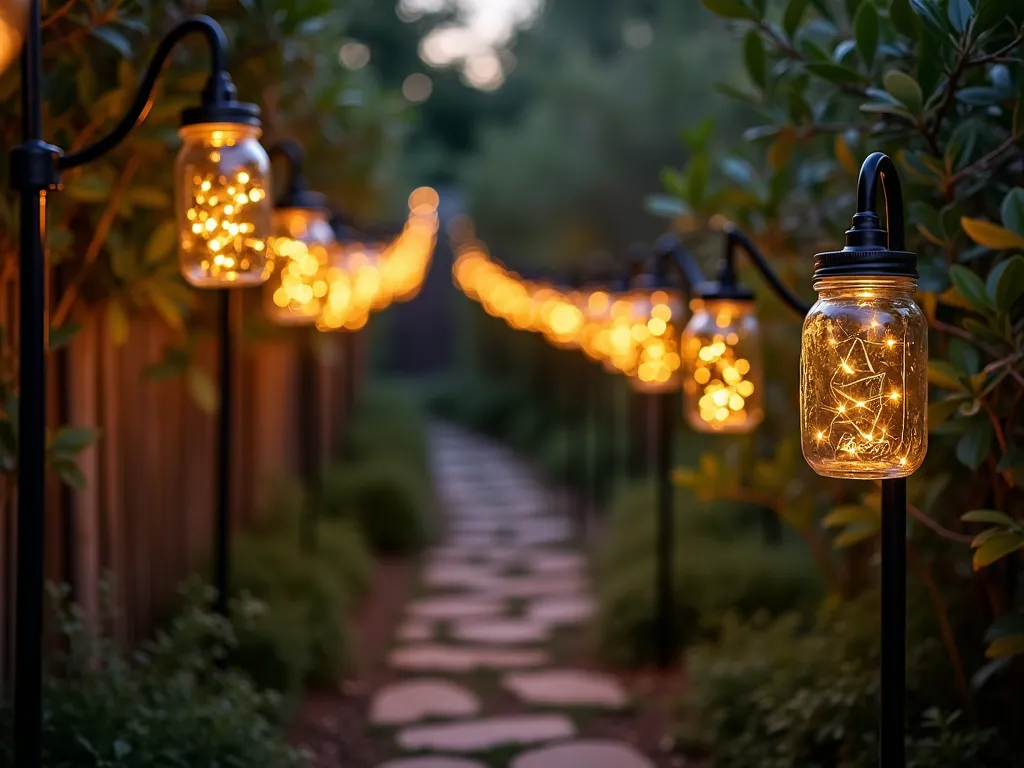 Enchanted Mason Jar Garden Path - A serene evening garden path lined with glowing mason jars hanging from black metal shepherd's hooks, photographed at dusk. Warm golden fairy lights inside the vintage-style clear mason jars create a magical, ethereal atmosphere. The jars cast gentle, overlapping pools of light on a rustic stone pathway winding through soft garden foliage. Delicate shadows dance on the ground, while the glass jars sparkle and reflect the twinkling lights within. Misty atmosphere, cinematic lighting, shallow depth of field, photographic quality, 32k resolution