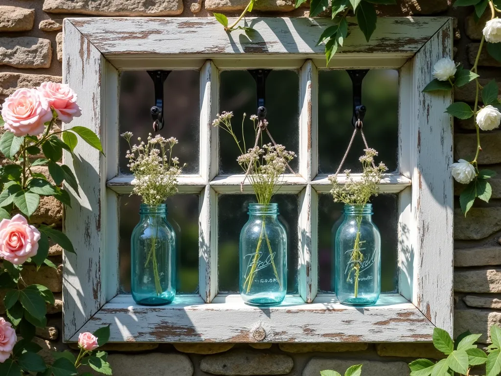 Rustic Barn Window Frame with Climbing Roses - A weathered gray barn window frame with vintage iron hardware mounted on a rustic stone garden wall, surrounded by climbing pink roses and delicate white clematis. Three antique blue mason jars with wildflowers hang from wrought iron hooks on the frame. Soft afternoon sunlight filters through the window panes creating ethereal shadows on the wall. The frame has a distressed, time-worn patina, with hints of original white paint peeling away. Small tendrils of ivy weave through the window frame's corners in an organic, natural style.