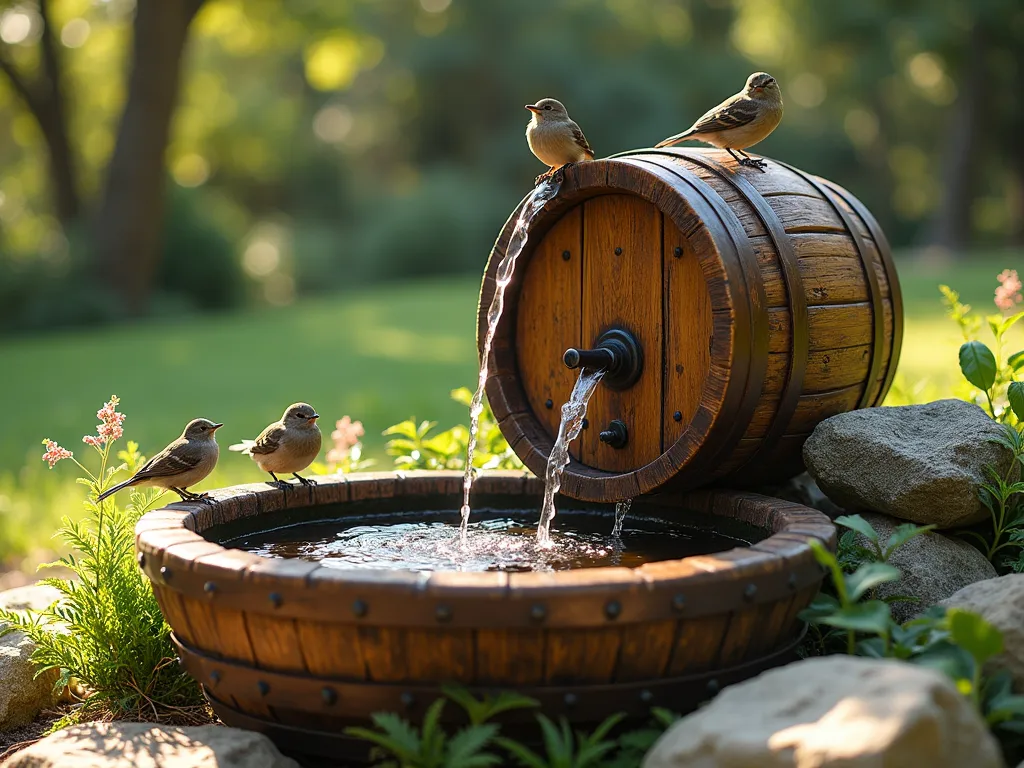 Rustic Barrel Water Feature with Cascading Water - A weathered oak wine barrel water feature in a sunlit garden setting, water gracefully cascading down its aged wooden staves, surrounded by natural stone at its base. The barrel's metal bands show a patinated copper tone, while gentle ripples create mesmerizing patterns in the water. Small birds perch on the barrel's rim, with delicate ferns and wild flowers growing around the base. Soft afternoon light filters through nearby trees, creating a serene and peaceful atmosphere. Photorealistic, high detail, warm natural lighting, shallow depth of field.