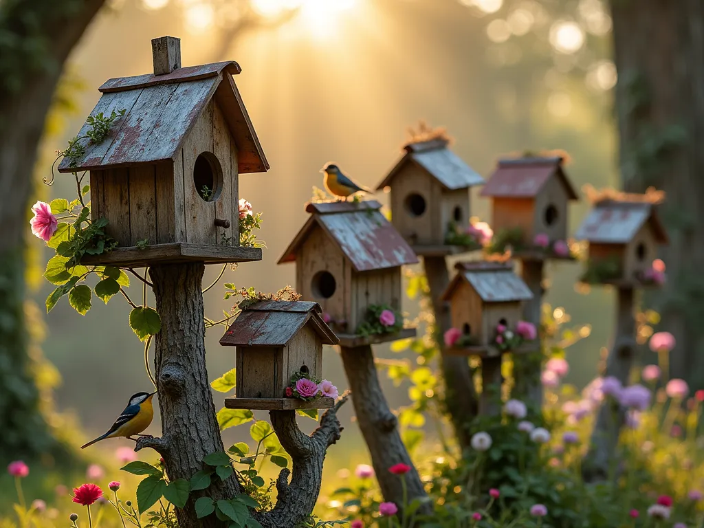 Rustic Birdhouse Village at Sunset - A charming collection of weathered wooden birdhouses arranged at varying heights on reclaimed wooden posts and gnarled tree branches, photographed during golden hour. The birdhouses feature distressed wood textures, rusty tin roofs, and vintage metal accents. Morning glories and climbing roses wind around the posts, while small birds perch near their wooden homes. Soft sunlight filters through nearby trees, casting warm shadows across the whimsical village sanctuary. Photorealistic, high detail, cottage core aesthetic.