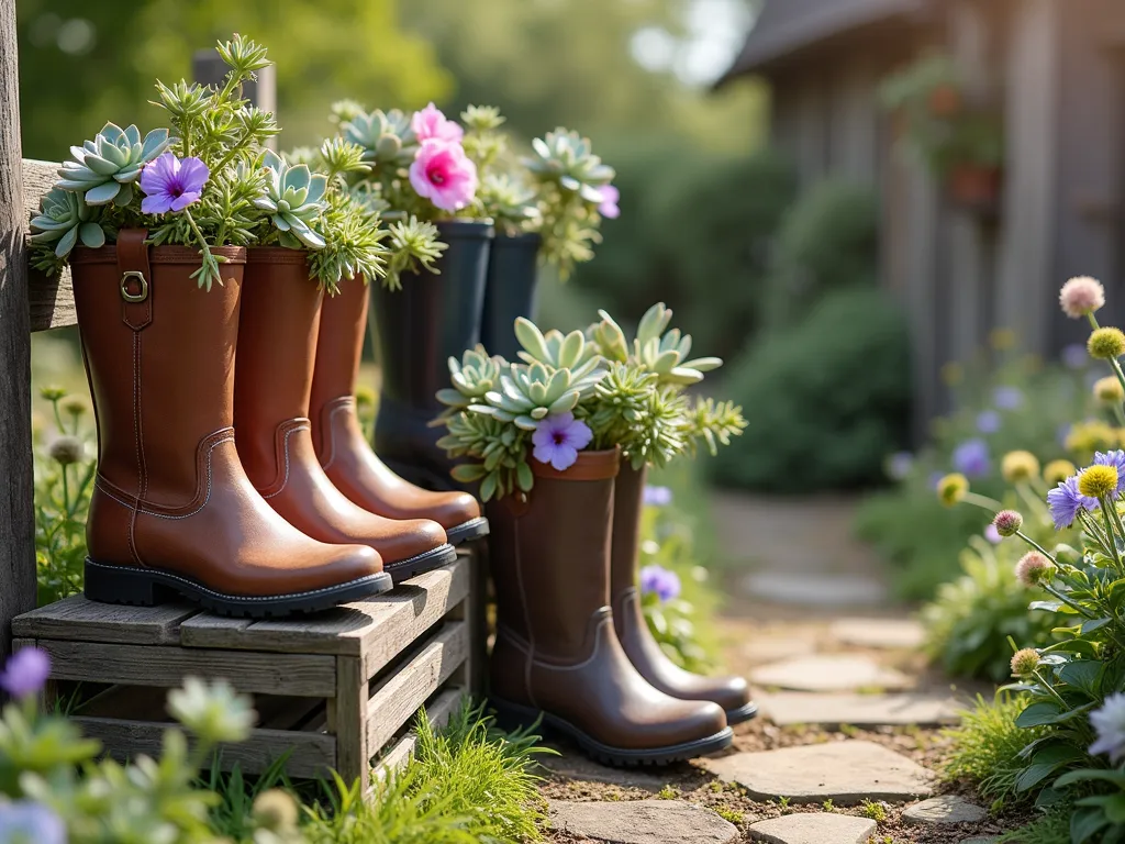 Vintage Boot Garden Display - A charming rustic garden vignette featuring a collection of weathered leather cowboy boots and rubber rain boots arranged at different heights on reclaimed wooden crates. The boots are overflowing with vibrant succulents, including echeveria and sedum, alongside purple and pink petunias. Morning light casts gentle shadows across the worn leather textures, while a natural stone path and rustic wooden fence provide a countryside backdrop. Soft bokeh effect in background with vintage color grading.