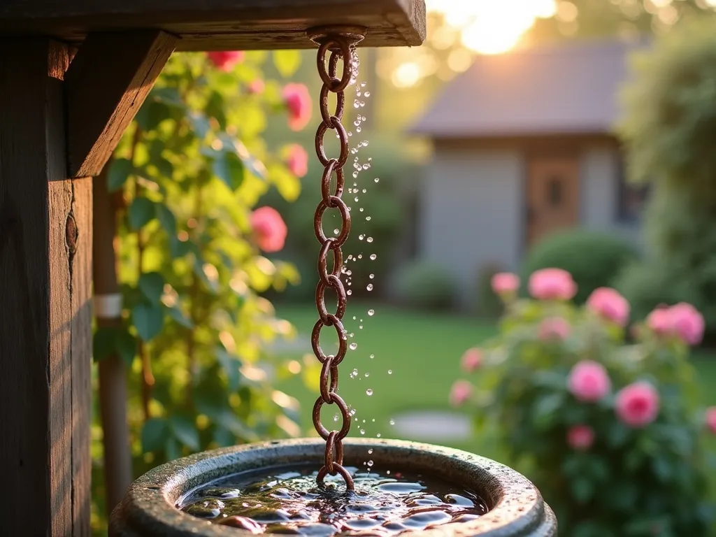 Rustic Copper Rain Chain in Garden - A close-up view of an ornate copper rain chain hanging from a rustic wooden beam, catching afternoon sunlight. Water droplets cascade down the decorative chain links, creating a mesmerizing pattern. The aged copper has developed a natural green-blue patina. The background shows a soft-focused cottage garden with climbing roses. Rain drops sparkle and catch the light as they dance down the chain, with a shallow stone catch basin below filled with smooth river rocks.