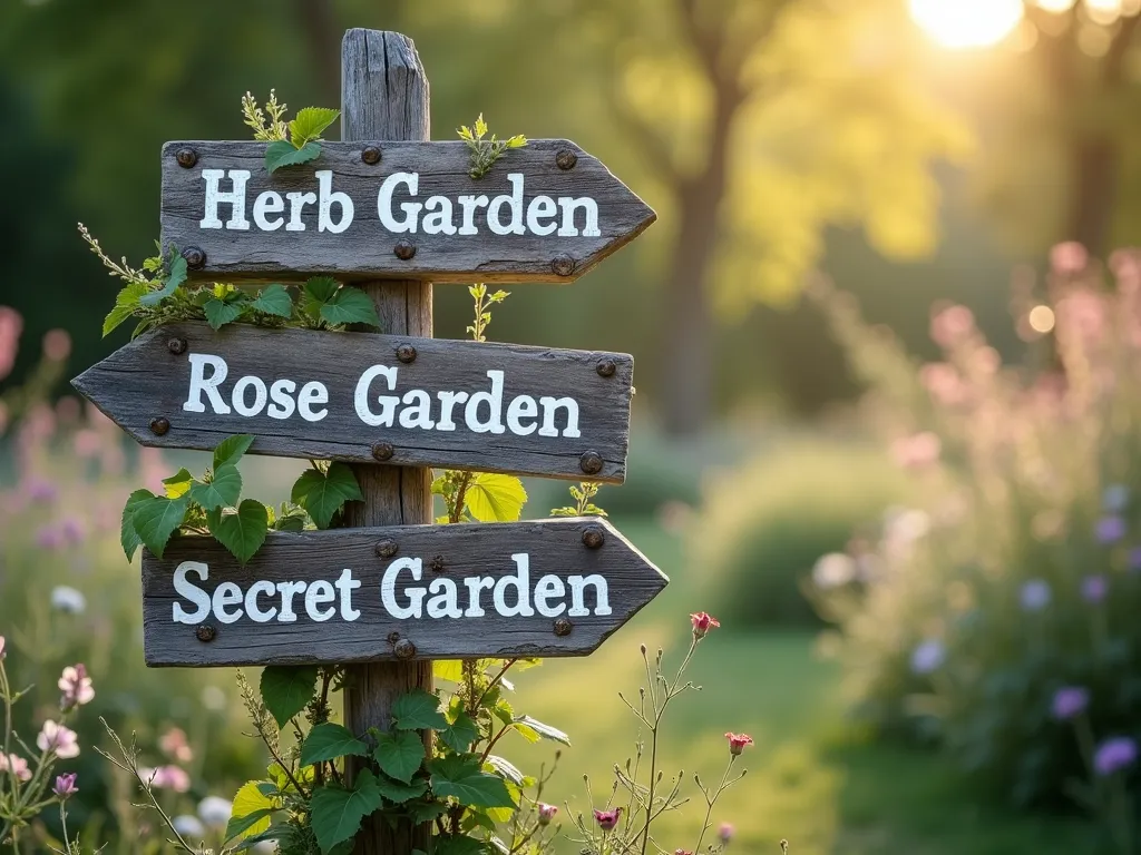 Weathered Wood Garden Sign Post - A charming rustic garden scene with a weathered wooden post featuring multiple directional arrows made from reclaimed barn wood. Hand-painted signs point to 'Herb Garden', 'Rose Garden', and 'Secret Garden' in distressed white lettering. The post is surrounded by wild cottage flowers and climbing vines, with morning light filtering through, creating a magical atmosphere. The wood shows natural aging with a grey patina, and small vintage metal accents add authentic character. Shot from a slight low angle to emphasize height and whimsy, with soft bokeh effect in background.