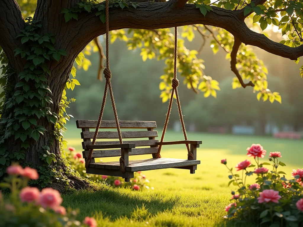 Rustic Garden Rope Swing at Sunset - A charming rustic rope swing in a serene garden setting, made from thick weathered nautical rope and a distressed wooden plank seat, hanging from a majestic old oak tree branch. Soft golden evening sunlight filters through leaves, casting dappled shadows on lush green grass below. Wild flowering vines and cottage garden flowers surround the base, with climbing roses on nearby posts. A peaceful, enchanting scene with a vintage, countryside aesthetic. Photorealistic, high detail, warm atmospheric lighting.