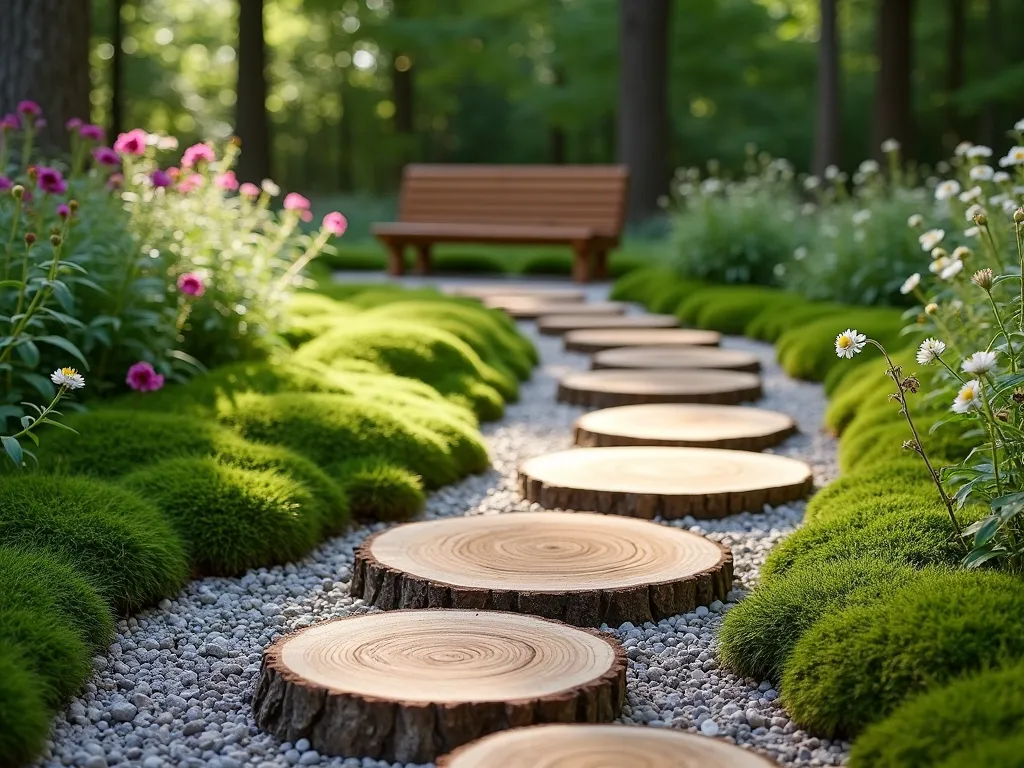 Enchanting Log Slice Garden Path - A winding garden pathway made of polished circular log slices nestled in light gray gravel, surrounded by lush green moss and small wildflowers. The wooden rounds show rich, varied wood grain patterns and are artfully arranged with slight height variations. Dappled sunlight filters through overhead trees, creating a magical forest-like atmosphere. The path leads to a rustic wooden bench in the background. Photographed from a low angle to emphasize the natural beauty of the wood slices, showing their sealed, glossy finish that highlights the organic patterns.