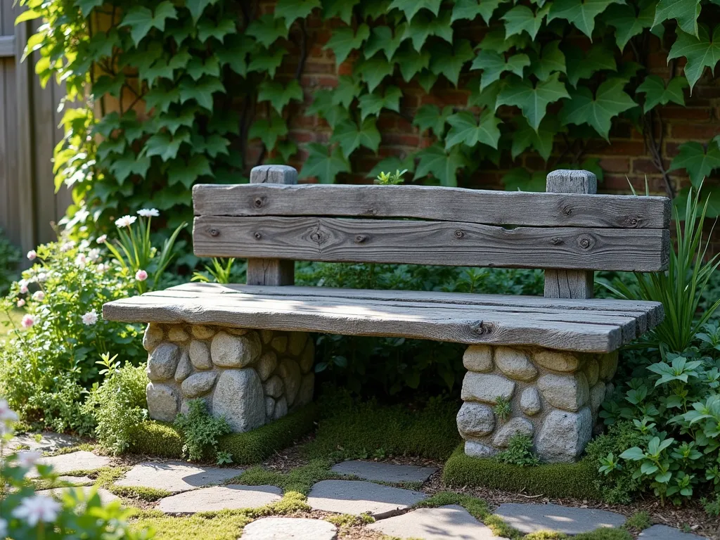 Rustic Stone and Wood Garden Bench - A charming rustic garden bench composed of weathered gray stone blocks supporting reclaimed wooden planks, set against a backdrop of climbing ivy and wildflowers. The bench is positioned in dappled sunlight, with natural moss growing on the stones, creating an enchanting cottage garden atmosphere. The wooden seat shows natural aging patina and grain patterns, while the substantial stone supports give a sense of permanence and stability. Soft morning light illuminates the scene, casting gentle shadows across the natural materials.