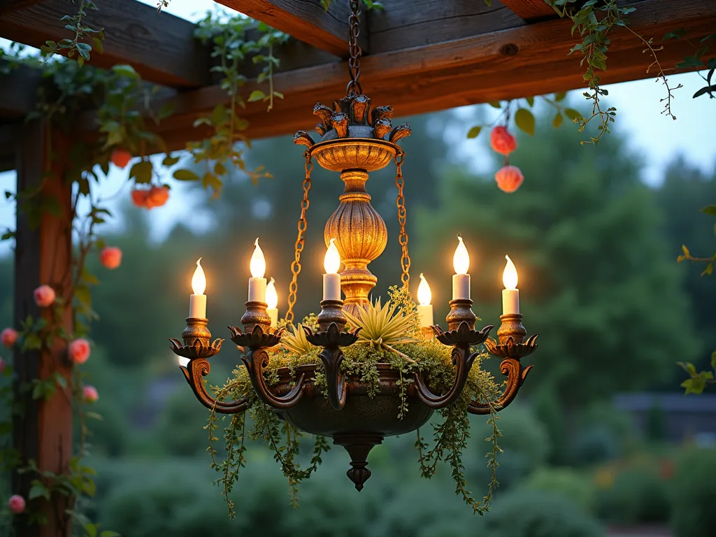 Enchanted Rustic Garden Chandelier - A magical garden scene at dusk featuring an ornate vintage brass chandelier hanging from a weathered wooden pergola, transformed into a living sculpture with cascading succulents and air plants nestled in its arms. Small rustic metal candle holders holding flickering LED lights are interspersed among the plants. The chandelier has a beautiful verdigris patina and rust effects, creating an authentic aged appearance. Soft evening light filters through the structure, casting intricate shadows on the garden below. Wild climbing roses and ivy partially wrap around the pergola posts, adding to the enchanted atmosphere.