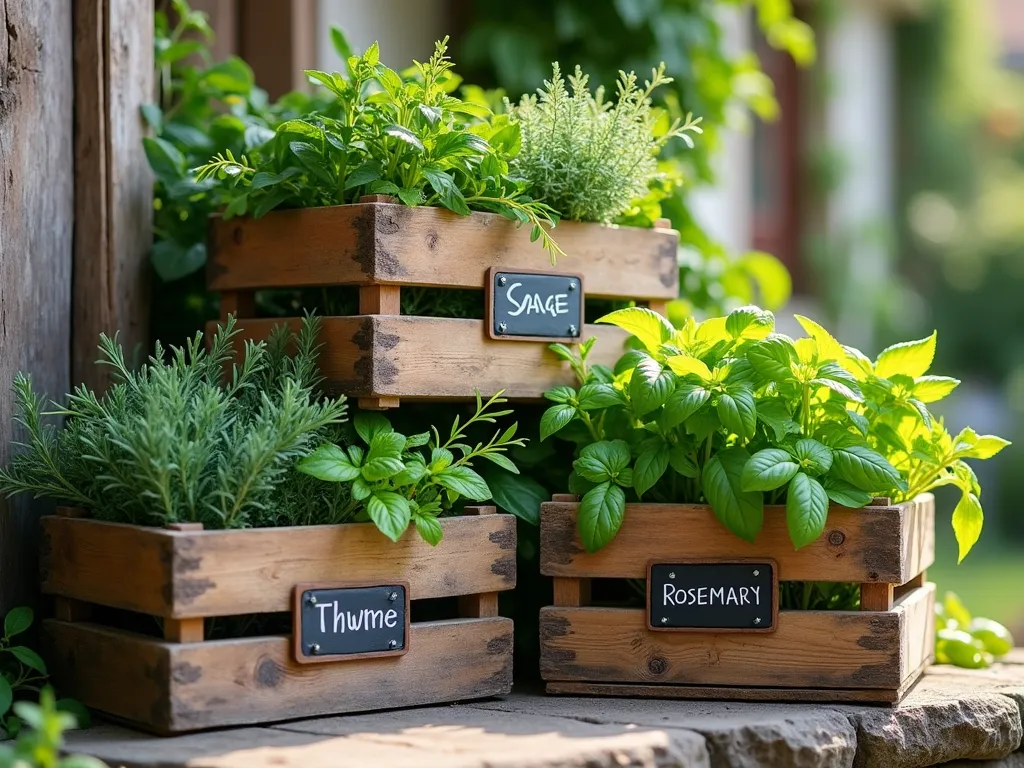 Rustic Tiered Herb Garden Crates - A charming outdoor scene featuring three weathered wooden crates stacked in a pyramid formation against a rustic garden wall. The vintage crates overflow with fresh herbs including sage, thyme, rosemary, and basil. Small decorative chalkboard labels are attached to each crate, identifying the herbs. Soft natural lighting filters through, highlighting the aged wood grain and the vibrant green herbs. Delicate tendrils of herbs cascade over the edges of the crates, creating an organic, lived-in feel. The background shows hints of a cottage garden with climbing vines and natural stone elements. Photorealistic, high detail, warm afternoon light.