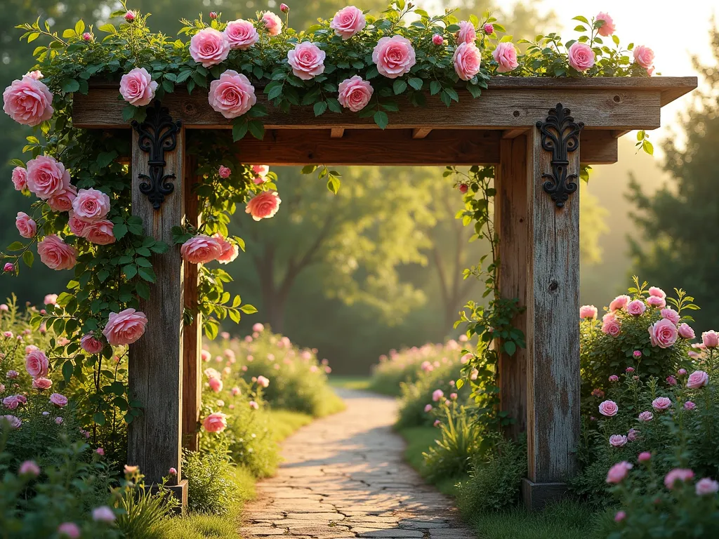 Weathered Timber Garden Arbor with Climbing Roses - A rustic garden arbor photographed in golden afternoon light, constructed from weathered reclaimed timber beams and vintage architectural posts. The structure features ornate wrought iron accents and is abundantly draped with blooming pink climbing roses. The wood shows natural patina and age marks, while architectural salvage details add character. Soft natural lighting highlights the textural details of the worn wood and delicate rose petals, creating a romantic cottage garden entrance. Photorealistic, high detail, architectural photography style.