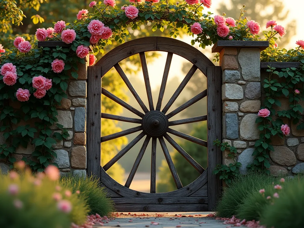 Rustic Wagon Wheel Garden Gate with Climbing Roses - A charming rustic garden gate featuring a weathered wooden wagon wheel as its centerpiece, photographed during golden hour. The antique wheel shows natural patina on its wooden spokes and iron rim. Pink climbing roses gracefully wind around the wheel and wooden gate frame, in full bloom. The gate is set within a natural stone wall covered with ivy. Soft, warm sunlight filters through the wheel's spokes creating interesting shadows. Photorealistic, pastoral countryside aesthetic, high detail, depth of field.