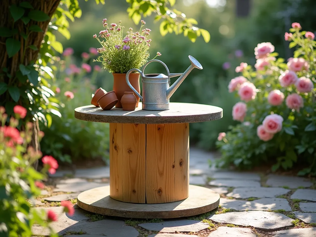 Rustic Wooden Spool Garden Table - A charming garden vignette featuring a weathered wooden cable spool repurposed as a rustic outdoor table, placed on a natural stone patio. The spool has a honey-colored light stain that allows the wood grain to show through. On top sits a vintage galvanized watering can with wildflowers and a collection of terracotta pots. Soft late afternoon sunlight filters through nearby trees, casting dappled shadows across the scene. In the background, climbing roses and wild cottage garden flowers create a dreamy, pastoral atmosphere.