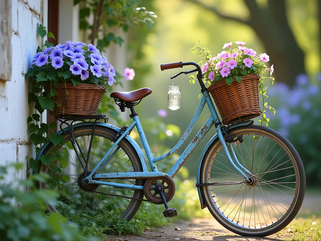 Vintage Bicycle Garden Display - A weathered vintage bicycle with rustic blue peeling paint leaning against a whitewashed garden wall, dappled sunlight filtering through trees. Overflowing woven wicker baskets mounted on the front and back filled with cascading purple petunias and pink geraniums. Delicate morning glory vines with blue flowers climbing naturally up the frame and handlebars. Vintage-style hanging mason jars with trailing ivy suspended from the handlebars. Soft bokeh background with cottage garden flowers, creating a dreamy, nostalgic atmosphere. Photorealistic style, warm afternoon light.