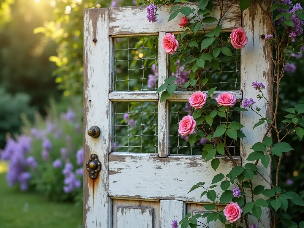 Vintage Door Garden Trellis with Climbing Roses - A weathered vintage wooden door transformed into a garden trellis, shot in natural sunlight. The door's original brass hardware and peeling white paint add character, while delicate wire mesh spans the empty panel spaces. Pink climbing roses and purple clematis weave through the mesh, creating a romantic vertical garden. The door stands in a cottage garden setting with soft bokeh effect, morning dew glistens on the petals, photorealistic, high detail, architectural focal point