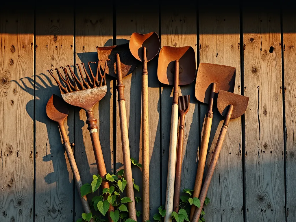 Rustic Garden Tool Wall Display - A weathered wooden barn wall in warm afternoon sunlight, artistically decorated with vintage garden tools arranged in a fan-like pattern. Antique metal rake heads, rusty hoes, and worn wooden-handled tools create a symmetrical, decorative display. The tools show natural patina and aged textures, with some climbing ivy growing around the edges. The composition features deep shadows and golden light highlighting the rustic character of the implements, creating a nostalgic farmhouse aesthetic. Photorealistic, high detail, atmospheric lighting.