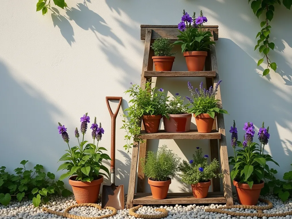 Vintage Ladder Garden Display - A sun-drenched rustic garden scene featuring a weathered wooden ladder plant stand against a whitewashed garden wall, decorated with cascading potted flowers and herbs. The vintage ladder has 5 rungs, each supporting terra cotta pots of varying sizes filled with purple petunias, trailing ivy, and fragrant lavender. Soft morning light filters through the plants, creating gentle shadows on the wall. The ladder's natural wood patina shows years of character, with subtle hints of its original paint. Several vintage gardening tools lean artistically against its base, surrounded by scattered white pebbles and rustic rope accents.